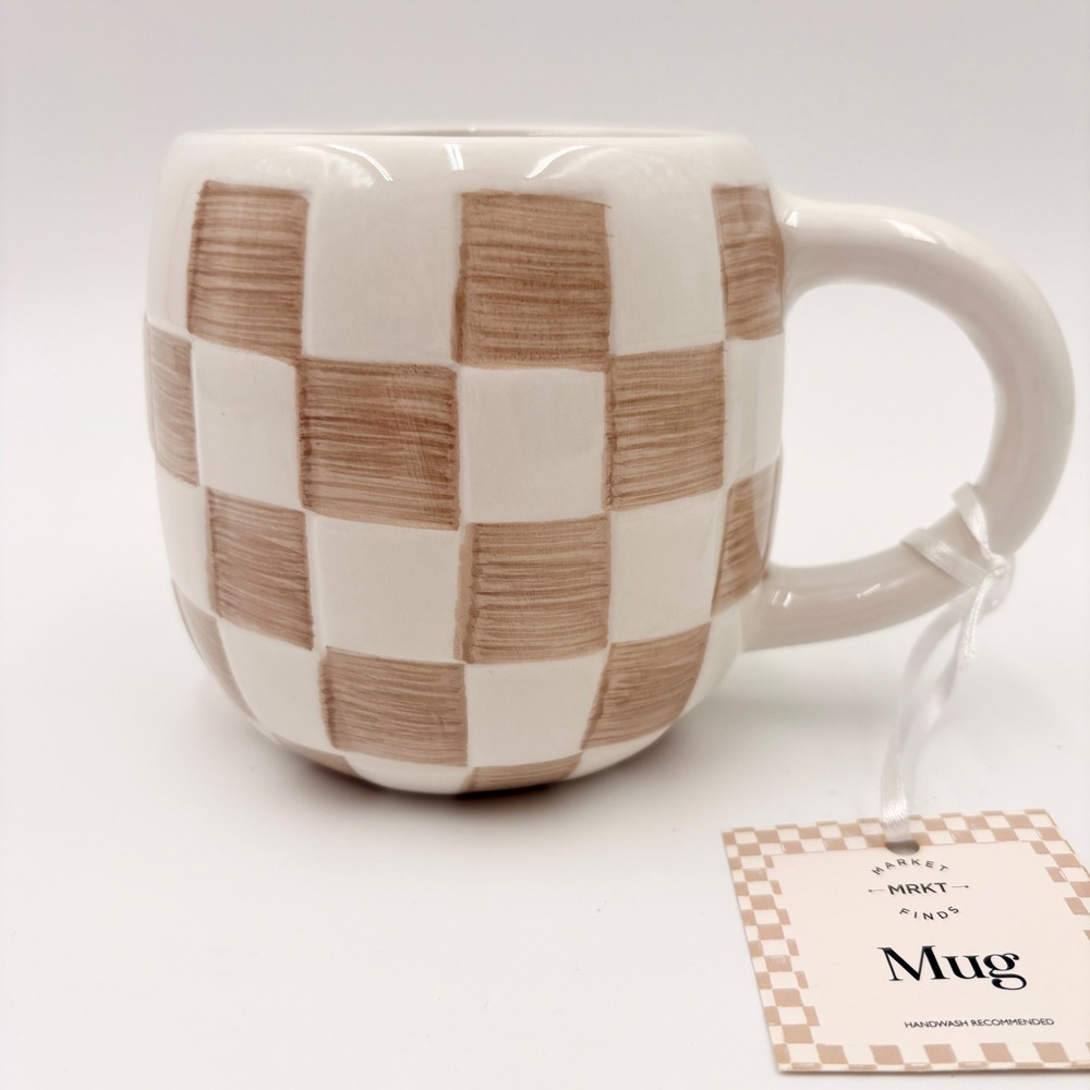 Market Finds Tan Cream Checkered Ceramic Mug Handpainted Neutral Boho Coffee Cup